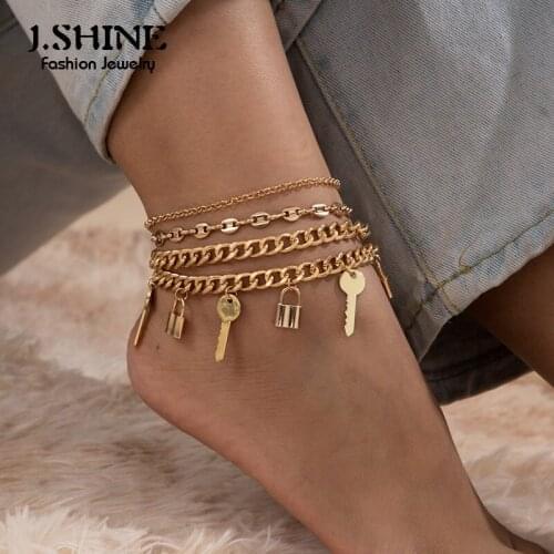 J.Shine 4Pcs/Set Key Padlock Pendants Charm Ankle Bracelet for Women Cuban Chain Summer Barefoot Sandals Stackable Foot Jewelry