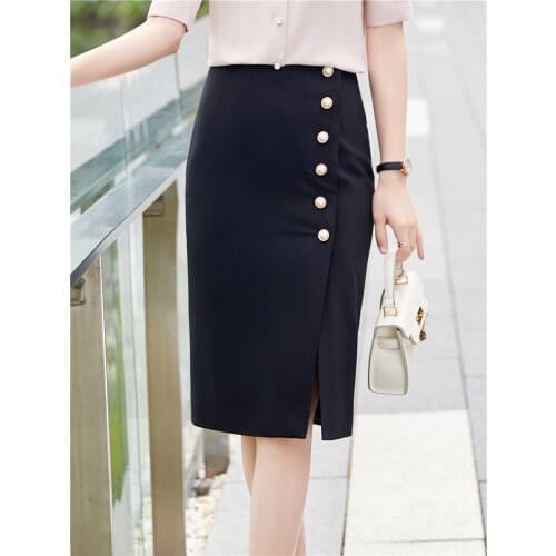 Plaid Women Office Side Slit Midi Skirt 2021 New Fashion Casual Lady Button decoration Elegant Slim Black Hip Skirts