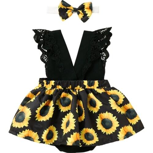 Summer Baby Girl Flowers Romper Newborn Lace Ruffled Sleeveless V neck Jumpsuit Dress with Bow Headband Floral Set Baby 0-24M