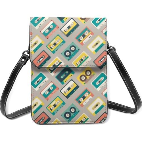 Retro Audio Tapes Pattern Cell Phone Purse Smartphone Wallet Leather Shoulder Strap Handbag Women Bag