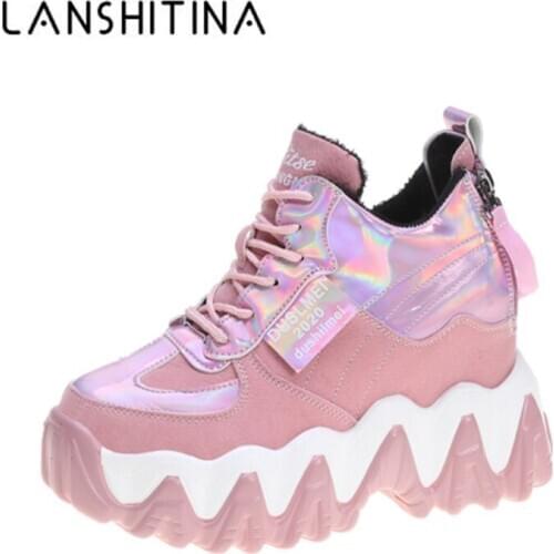 Fashion Winter Women Leather Casual Shoes Comfortable High Platform Shoes 10CM Wedge Heels Warm Boots Thick Sole Sneakers Woman