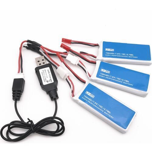 3PCS 7.6V 750mAh Lipo Battery with 3-in-1 Charger for Hubsan H216A Quadcopter Parts Drone Backup Battery
