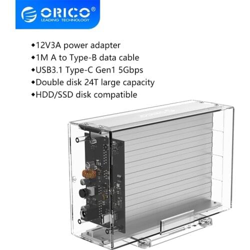 ORICO 3259C3-CR-BP Transparent Series Dual-Bay 3.5 inch Type-C Portable Hard Drive Enclosure SATA to Type-C HDD Dock Station