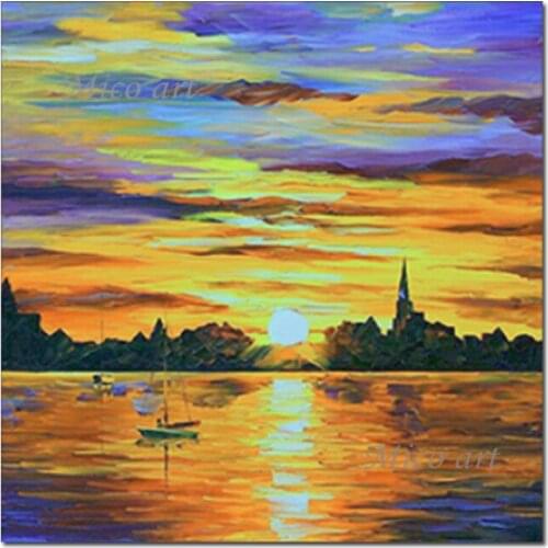 Pure Handmade Sunset Scenery Canvas Oil Painting Modern Living Room Decorative Seascape Canvas Wall Art Hanging Picture Artwork