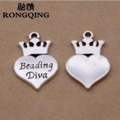 RONGQING 100pcs/lot 15x23mm Antique Silver Crown Heart Charms Beading Diva Metal Charms for Crafts DIY Jewelry Findings