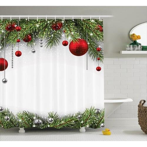 Merry Christmas Shower Curtain Bathroom Accessories Noel Backdrop Fir Leaves Bright Balls Classic Religious Xmas Decor