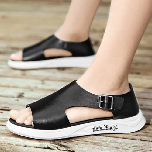 Mens Summer Sandals Open Toe Leather Hollow Casual Sandals Fashion Waterproof Breathable Antiskid Flat Bottomed Beach Shoes