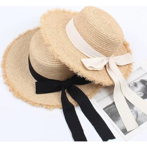 2019 New summer sun hat bow 100%Raffia hat Visor Temperament flat Straw hats Womens Sea beach vacation leisure sunscreen hat