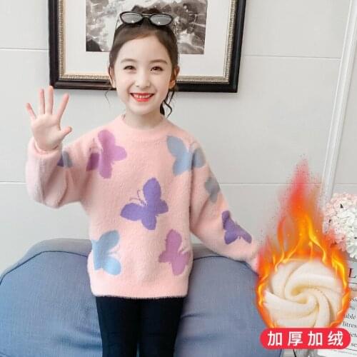 Girls Sweater Kids Coat Outwear 2021 Butterfly Plus Velvet Thicken Warm Winter Autumn Tops Fleece Christmas Childrens Clothing
