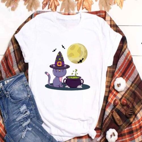 Halloween Fun Cat Graphics Harajuku T Shirt Plus Size Women Tshirts O-neck T-shirt Tops Short Sleeve Fashion Tops Tee Clothing