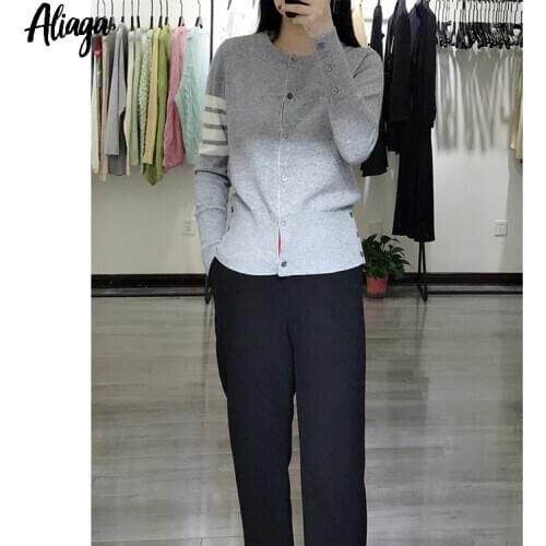 Aliaga Europe Fashion Cardigans Women Tops 100% Cashmere Cardigan Sweater Autumn Winter Jacket Striped Sleeve Grey Outerwear