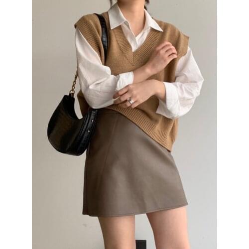 Autumn Winter Women Three Piece Set Long Sleeve Shirt Tops and Tank Sweater and High Waist A-line Mini Skirt 3 Piece Set