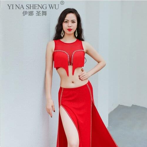 Belly Dance Suit Tassel Tops Sleeveless Split Long Skirt Profession Performance Clothing Woman Sexy Shirt Practice Clothes Set