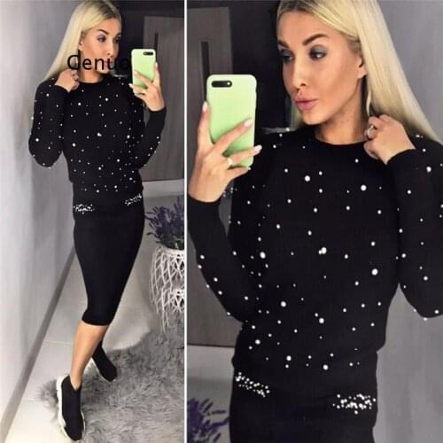 Beading Sweater Sets Women Two Piece Warm Set O-Neck Pearl Beading Knitted Pullover Pencil Skirt Women Elegant 2 Piece Suits