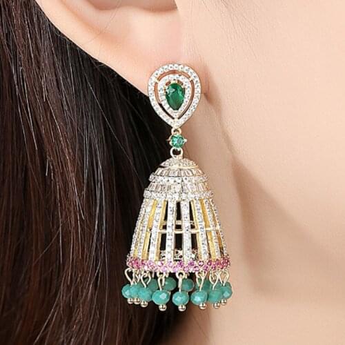 Zlxgirl Earring jewelry brand womens wedding stud earring jewelry fashion Green beads Gold Ears piercings bridal earings gifts