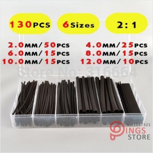 130 PCS) 2MM/4MM/6MM/8MM/10MM/12MM Black Assortment Ratio 2:1 Polyolefin Heat Shrink Tube Tubing Sleeving Wrap Wire Cable Kit