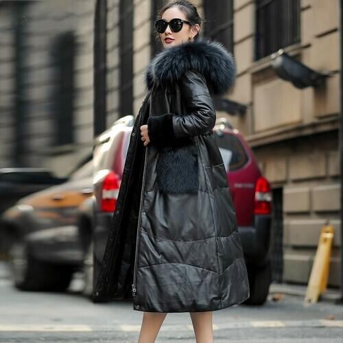 2021 Womens Leather Jacket Real Sheepskin Coat Female Hooded Winter Down Jackets Raccoon Dog Fur Collar Mujer Chaqueta Pph1769