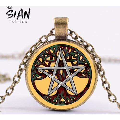 SIAN Tree of Life Pentagram Wicca Necklace Art Photo Glass Cabochon Long Necklace Women Handicrafts Magic Amulet Wiccan Jewelry