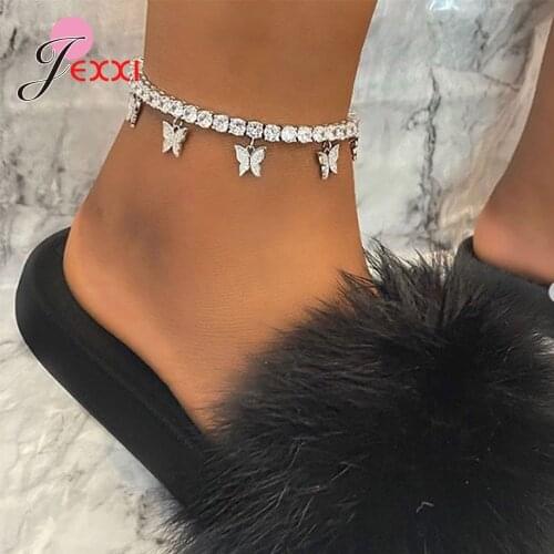 Fashion Butterfly Anklet Rhinestone Tennis Chain Foot Chain Jewelry for Women Summer Beach Anklet Butterfly Barefoot Chain