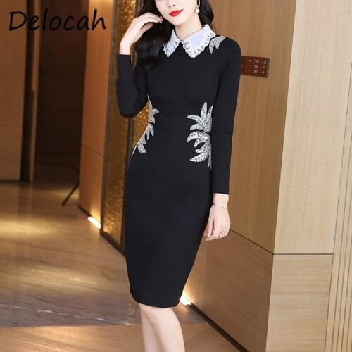 Delocah New 2021 Autumn Women Fashion Designer Midi Dress Long Sleeve Gorgeous Sequined Embroidery Elegant Black Pencil Dresses