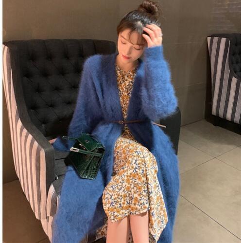 Long mink cashmere coat womens autumn and winter 2021 new Korean loose V-Neck Sweater 100% mink cashmere Cardigan coat JN952