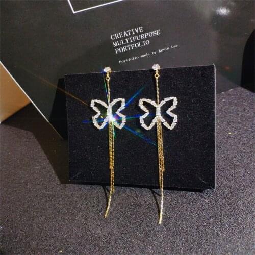 Korean Fashion Hollow Out Butterfly Tassel Drop Stud Earrings for Women Crystal Rhinestone Metal Chain Party Wedding Bridal
