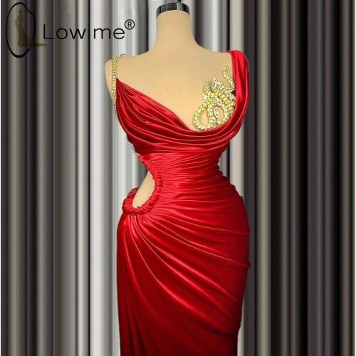Red Long Evening Dresses with Gold Beads 2021 Sexy Ruched Satin Evening Gowns Vestido de Noche Prom Party Dress