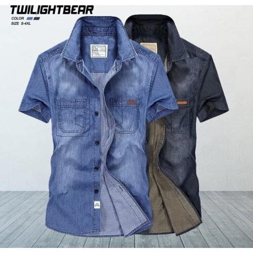 2021 New Short Sleeve Denim Shirt Men Blouse Oversize Summer Solid Pure Cotton Vintage mens Shirts brand clothing AF6517