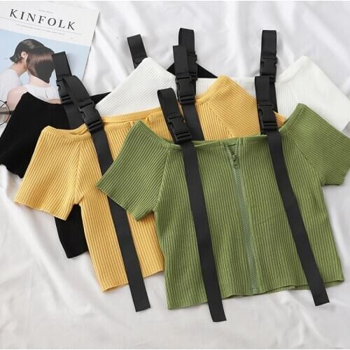 Sweet Female Strap Solid Tshirt Casual Harajuku Short Style Female Tops Short Sleeves Summer Cute Ladies Zipper Slim T Shirt