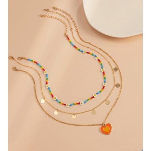Y2K Layered Chain with Heart Pendant Necklace for Women Boho Colorful Bead Flower Short Choker Necklace Set 2021 Fashion Jewelry