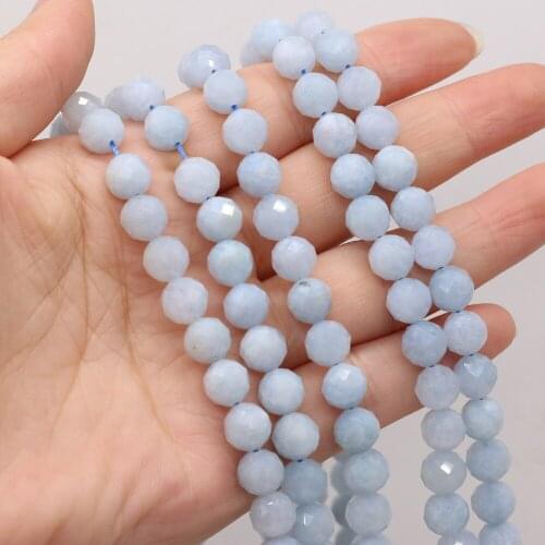 Fashion Small Beaded Natural Stone Aquamarine Round Faceted Beads for Jewelry Making Charm DIY Bracelet Necklace Accessories 8mm