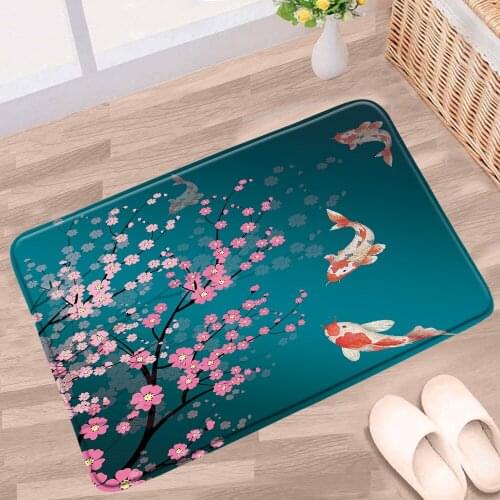 Cartoon Animal Fish Bathroom Mat Pink Cherry Blossom Koi Ocean Wave Scenery Non-slip Rugs Bath Kitchen Doorway AIsle Carpet Pads