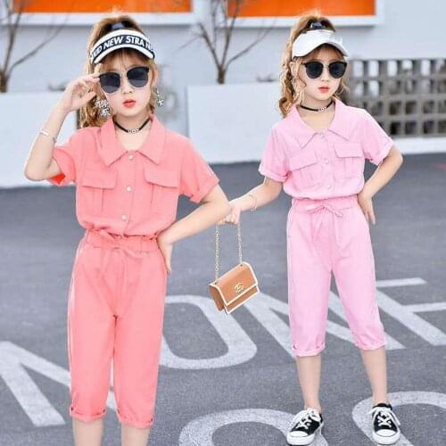 2020 Summer New Baby Girl Clothing Sets Short Sleeve Solid Color t-shirt +Shorts 2Pcs Casual Suit Kids Mid Big Children Outfits