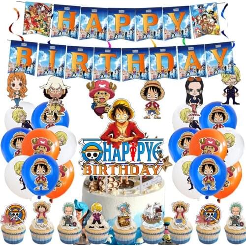 Omilut ONE PIECE Birthday Party Decoe Cartoon ONE PIECE Luffy Balloon Banner Cake Toppers Boys Birthday Party Decor Supplies