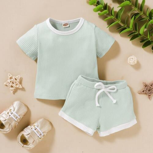 0-3T Baby Summer Clothing Ribbed Solid Infant Girl Boy Clothes Short Sleeve Tops T-shirt+Shorts Outfits