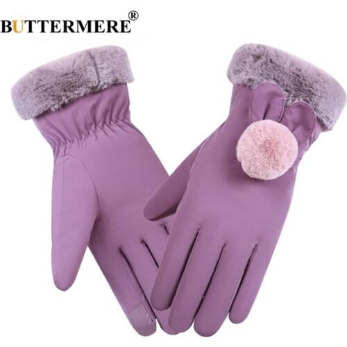 BUTTERMERE Winter Gloves Women Outdoor Lady Driving Gloves with Fur Touch Screen Pink Purple Khaki Gray Female Accessories