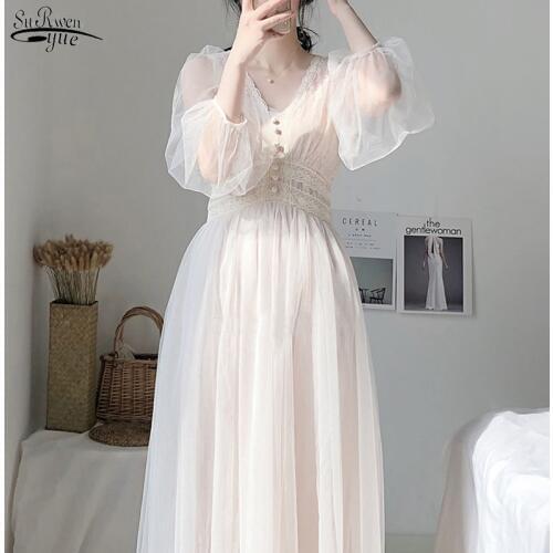 Vestidos Dress Women 2020 Spring Dress Elegant Button A-Line Solid Puff Sleeve V-Neck Lace Voile Mesh Lady Dresses 8126 50