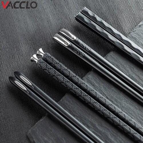 Vacclo 5 Pairs/Lot Alloy Stainless Steel Laser Engraving Chopsticks Squared Edge Non-Slip Reusable Sushi Sticks Hashi Tableware