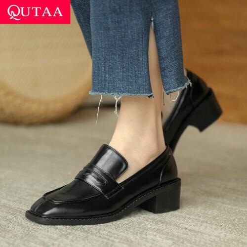 QUTAA 2021 Genuine Leather Slip On Women Shoes Sewing Square Toe Spring Autumn Ladies Pumps All Match Square Low Heels Size34-39