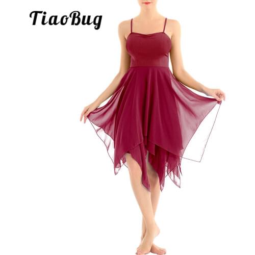 TiaoBug Adult Spaghetti Straps Asymmetrical Women Chiffon Modern Ballroom Dress Ballet Tutu Contemporary Lyrical Dance Costumes