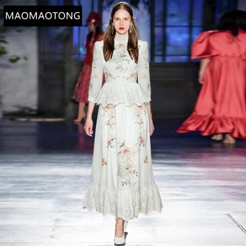 Fashion Designer Dress Spring Autumn Womens Dress Stand collar Florals Embroidery Hollow out Ruffles Maxi Dresses