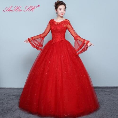 AnXin SH princess red Lace Wedding Dress party vintage o neck beading crystal flower flare sleeve white wedding dress