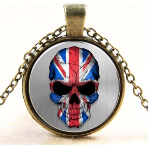 Personality Punk UK Flag Skull Pendant Necklace Glass Cabochon Vintage Jewelry Statement Chain Necklace Women Best Gift
