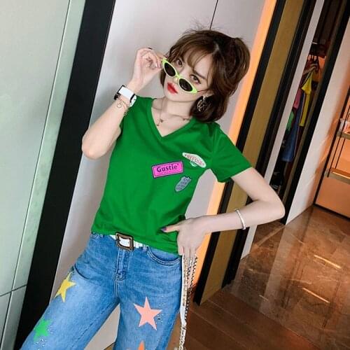 2021 summer new cotton v-neck t-shirt womens letter printing slim slim Joker short sleeve