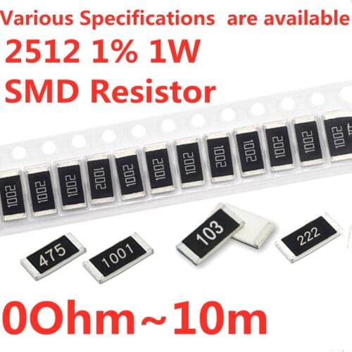 50pcs 2512 1W 1% SMD Resistor 0R ~ 10M 0 1 10 100 180 220 330Ohm 1K 4.7K 8.2K 10K 100K 220K 0R 2R 10R 47R 100R 150R 200R 470R