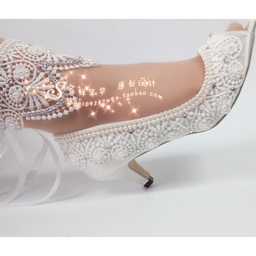 White Wedding Shoes Flower Lace Super Large Size 43 Silk Women Pumps Open Toe 5cm Middle 8cm 10cm High Heel Bride Crystal Pearl