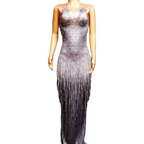 Shining Silver Women Fringes Pearls Diamonds Dresses Nightclub Singer Floor Length Mermaid Dress Performance Stage Dance Outfit