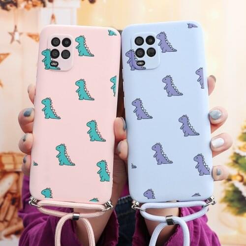 Necklace Lanyard Rope Case For Xiaomi Poco F3 X3 NFC Redmi Mi Note 10 10S 10T 11 9 9S 8 T 7 6 5 Lite Pro Max Cute Dinosaur Funda