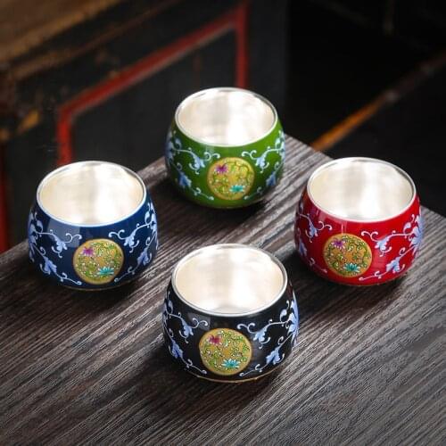 Handmade Ceramics Tea Set 999 Sterling Silver Tea Cup Enamel Enamel Gilded Silver Cup Single Cup Kung Fu Tea Set Master Teacup