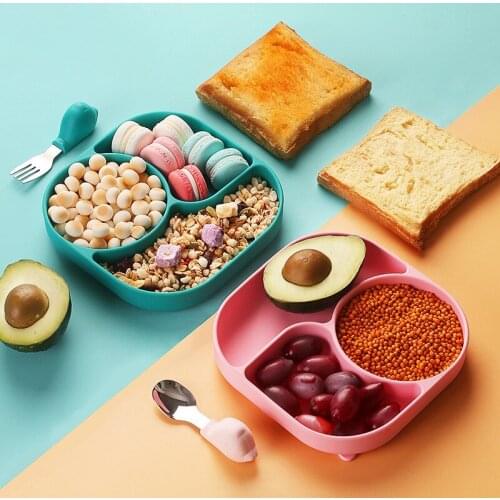 Kids Silicone Dinner Suction Plates Cup Type Grid Tableware Set Baby Bowl Infant Food Supplement Cartoon Bowl Spoon Fork